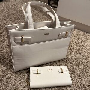 BEBE White Structured Purse & Matching Zip Wallet Set | Gold Hardware